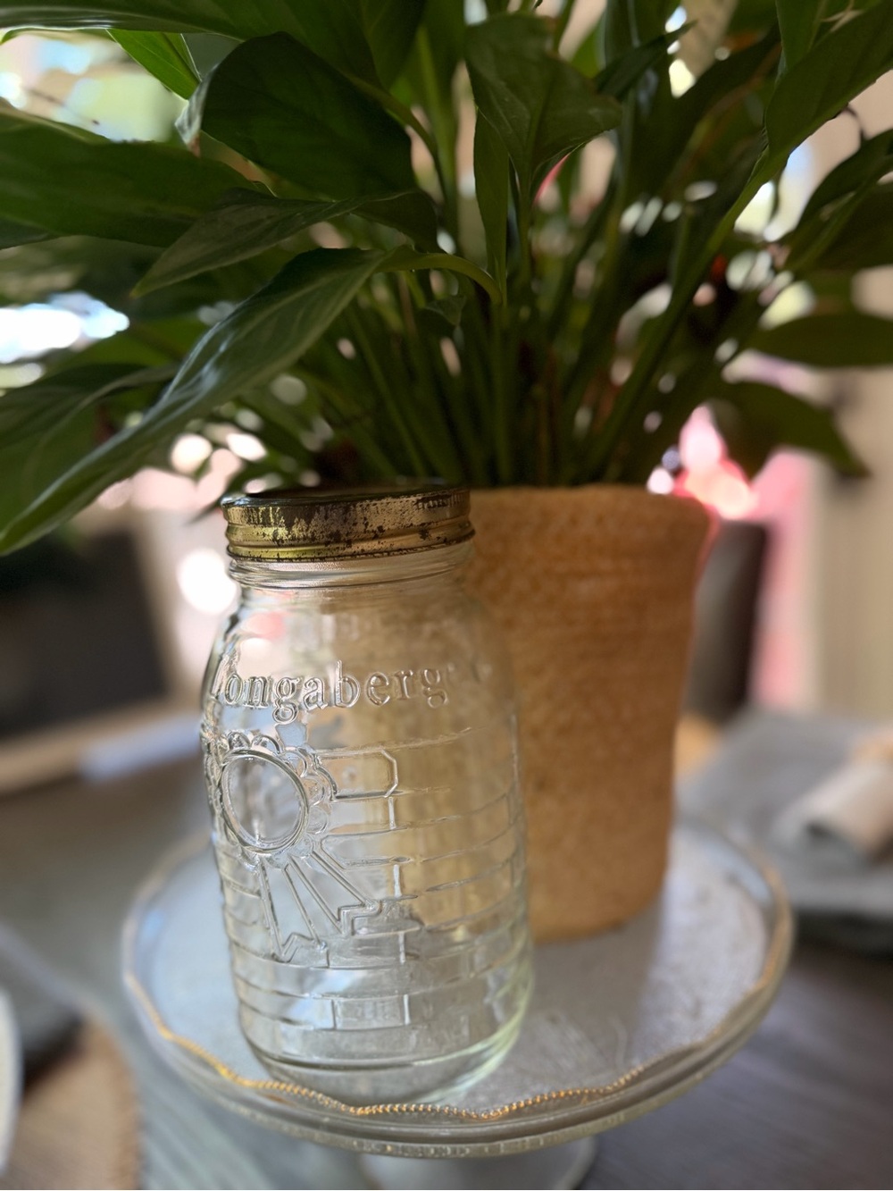 Longaberger Clear Glass Jar with Gold Metal Lid